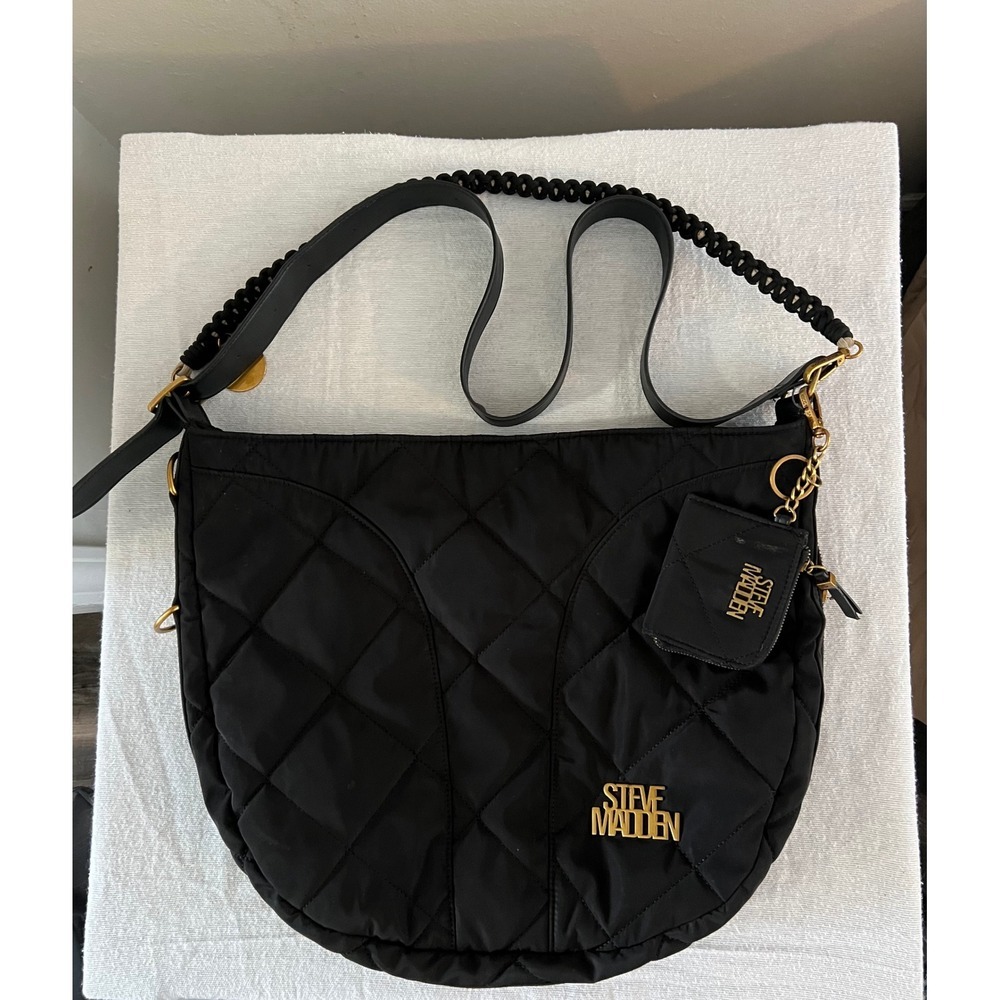 Steve Madden Black Quilted Nylon Crossbody Hobo Bag